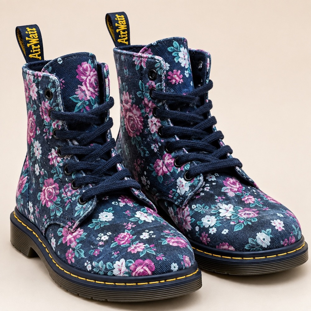 Dr Martens Womens Hackney 7 Canvas Floral Black Combat Boot Cottagecore Goth